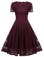 1 x RAW Customer Returns SEBOWEL Women s Lace Dress Knee-Length Cocktail Dress Elegant Dresses Party Dress Retro Rockabilly Dress Wine Red L - RRP €26.21