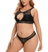 1 x Brand New EVELUST Women s Sexy Plus Size Lingerie Set 2 Pieces High Neck Keyhole Bralette and Cut Back Panty Eyelashes Floral Lace Underwear Black, L, 918w  - RRP €27.6