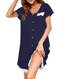 1 x RAW Customer Returns heekpek nightdress women short sleeve nightwear cotton V-neck comfortable button placket sleepshirt women with lace hem pregnancy sleepshirt loungewear, navy blue, XL - RRP €27.6