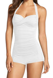 1 x RAW Customer Returns Viottiset Women One Piece Swimsuit Tummy Control Halter Twist Ruffle Swimwear Monokini Waist Sexy White Medium - RRP €30.24