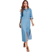 1 x RAW Customer Returns amropi blouse dress women buttons long sleeve side slit casual dresses denim dress maxi dress blue, S - RRP €29.99