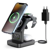 1 x RAW Customer Returns 5 in 1 Wireless Charging Station With Alarm Clock Night Light, 15W Fast Magnetic Wireless Charging Station Compatible for MagSafe iPhone 15 14 13 12, Apple Watch, Airpods QC3.0 Adapter Included  - RRP €23.59