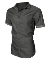 1 x Brand New Husmeu Men s Short Sleeve Denim Shirt with Pocket Casual Dark Gray M - RRP €19.99