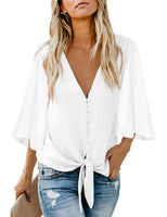 1 x RAW Customer Returns Vancavoo Women s Blouse Elegant Shirt Loose V-Neck Blouse Shirt 3 4 Sleeve Bell Sleeve Tops Casual Summer Tops with Buttons, White XL - RRP €21.89