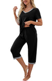 1 x RAW Customer Returns PrinStory Women s Pajamas 2 Piece Pajamas Set Short Sleeve V-Neck Nightwear House Suit Leisure Suit Black, M  - RRP €26.21