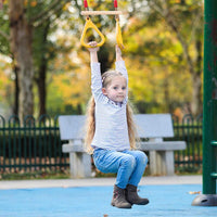 1 x RAW Customer Returns GOLDGE trapeze swing wooden swing outdoor with plastic gymnastic rings children outdoor load capacity up to 120KG and dinosaur sticker, adjustable swing children trapeze swing outdoor indoor - RRP €29.99