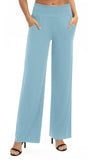 1 x RAW Customer Returns EXCHIC Women Solid Loose Straight Leg Palazzo Pants High Waist Elastic Casual Trousers with Pockets M, Light Blue  - RRP €27.98