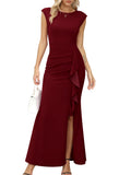 1 x RAW Customer Returns Missufe Bodycon Cocktail Wedding Formal Ball Gown Women Maxi Evening Dresses Cap Sleeve Ruffle Slit Mermaid Dress Burgundy, X-Large  - RRP €44.99