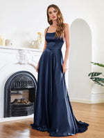 1 x RAW Customer Returns Babyonline DRESS Cocktail Dress Wedding Long Slit Sexy Backless Chic Elegant Gala Dress with Train Navy Blue 40th - RRP €54.68