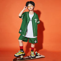 1 x Brand New LOLANTA Kids Street Style Jersey Outfits Oversized Button Down Baseball Shirt and Shorts Clothing Set Green 170 - RRP €27.6