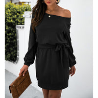 1 x RAW Customer Returns Women s Off Shoulder Sweater Dress Elegant Knee Length Bodycon Dress Women s Long Sleeve Sweater Dress Women s Pullover Dress with Belt L-Black  - RRP €25.1