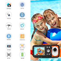 1 x RAW Customer Returns BYbrutek Kids Digital Camera, 21MP FHD 1080P, 5 Meters Waterproof Children Underwater Camera with 2.8 Inch LCD, 8X Digital Zoom Kids Action Camera with 1050mAH Rechargeable Battery Orange  - RRP €72.89