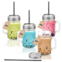 1 x RAW Customer Returns Smiths Mason Jars 4-pc Glass Jars with Lids, Metal Straws and Handles 16oz 473ml - Perfect Overnight Oats Jar - Good for Milkshakes, DIY Juices, Lemonade - RRP €27.99