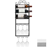 1 x Brand New Wall-mounted metal wine rack with glass holder, wine bottle racks, decorative wall-mounted shelf for 3 wine bottles, 6 glasses, modern wall holder wall shelf for kitchen, shower room, dining room, bar - RRP €45.62