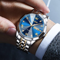 1 x RAW Customer Returns OLEVS Watches Men Diamond Business Dress Analog Quartz Stainless Steel Waterproof Luminous Date Two Tone Luxury Casual Wrist Watch Gifts for Men - RRP €52.03