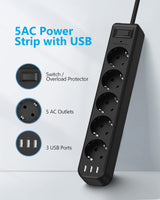 1 x RAW Customer Returns JSVER 5-way power strip with 3 USB charging ports, power strip with USB, multiple socket wall mounting 16A surge protection with switchable 1.8M cable for smartphones, laptops, iPAD - black - RRP €18.14