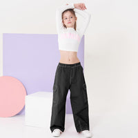 1 x RAW Customer Returns Rolanko Girls Cargo Pants, Loose Cotton Trousers with Elastic Waist and Multiple Pockets for Kids Ages 6-15, Black Line, Size 150 - RRP €33.8