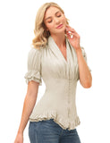 1 x RAW Customer Returns Women s Medieval Lace Shirt V-Neck Slim T-Shirt Short Sleeve Tops Apricot S - RRP €30.24