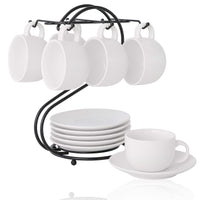 1 x RAW Customer Returns Ceramic espresso cup set 135 ml with saucers and metal stand, Candiicap coffee cups set of 6 for cappuccino, latte, espresso, Americano, mocha, tea 135 ml, matt white  - RRP €48.08