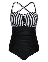 1 x RAW Customer Returns Hanna Nikole Women s Tummy Control Swimsuit Plus Size One Piece Cross Back Bathing Suit Black White Stripes 54 - RRP €40.32