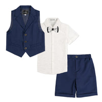 1 x RAW Customer Returns LOLANTA 4-piece children s leisure suit set, boys summer festive wedding suit, short sleeve shirt, bow tie, waistcoat, short pants, dark blue, 3-4 years, 120 - RRP €23.32