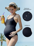 1 x RAW Customer Returns Maternity Swimsuit Button Neck Maternity Swimwear U-Neck Pregnant Swimsuit Black L - RRP €44.36