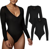 1 x RAW Customer Returns RoomTour Women s Long Sleeve Bodysuit, V-Neck Thong Tops for Women, Women s Bodycon Jumpsuit 2-Pack Black Black S - RRP €34.79