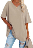 1 x RAW Customer Returns Ebifin Women s Oversize T Shirt with V-Neck Short Sleeve Casual Loose Basic Summer Tee Shirts Blouse.Khaki.L - RRP €25.2