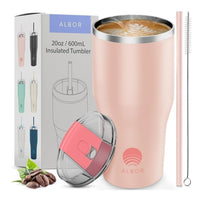 1 x RAW Customer Returns ALBOR triple insulated thermal mug 600ml made of stainless steel - drinking cup with lid and straw - thermal mug with straw - thermos mug with handle - coffee mug rose gold - RRP €21.02