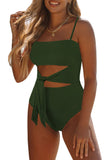 1 x RAW Customer Returns Viottiset Women s Bandeau Swimsuit Tummy Control Strapless Monokini One Piece High Cut Waist Tie Swimwear Dark Green XL - RRP €34.27