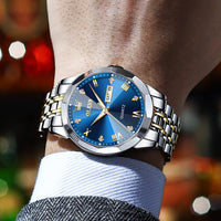 1 x RAW Customer Returns OLEVS Watch Men Luxury Diamond Stainless Steel Waterproof Analog Date Display Business Original Blue Wrist Watch Men - RRP €51.66