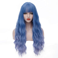 1 x RAW Customer Returns Wig Blue Women s Long Curly Wigs with Bangs and Wig Net for Women Girls Super Natural Full Synthetic Synthetic Hair Wig 001L - RRP €24.19