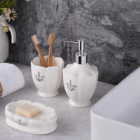 8 x Brand New Bathroom Set -3 parts - Bathroom Organizer with soap dispenser, soap tray, and toothbrush cup, noble bathroom decoration with transparent glazed silver flower appearance - RRP €163.2