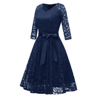 1 x RAW Customer Returns Odizli Evening Dresses Elegant for Wedding Cocktail Dress Women 3 4 Sleeve V-Neck Knee-Length Flower Lace Dress Festive Wedding Guest Short Ball Gown Graduation Dress Wedding Dress Navy Blue S - RRP €46.38