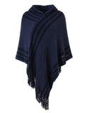 1 x Brand New Ferand Poncho Women s Cape with Hood, Zigzag Design and Pretty Fringed Hem, Navy Blue, One Size - RRP €24.0