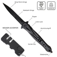 1 x RAW Customer Returns Folding knife pocket knife with belt pouch knife sharpener, sharp one-hand knife with belt clip, outdoor black knife for camping, fishing 007FB-2  - RRP €18.13