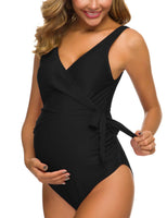 1 x RAW Customer Returns Love2Mi Maternity Swimsuit One Piece Elegant V-Neck Maternity Swimwear Tie Front Bowknot Swimsuit Black M - RRP €33.26