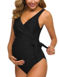 1 x RAW Customer Returns Love2Mi Maternity Swimsuit One Piece Elegant V-Neck Maternity Swimwear Tie Front Bowknot Swimsuit Black M - RRP €33.26