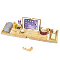 1 x RAW Customer Returns Extendable bathtub shelf made of bamboo Extendable bathtub board with wine glass holder Bathtub tablet Bathtub board bamboo Bathtub table with soap dish and iPad stand Bathtub pad - RRP €37.03