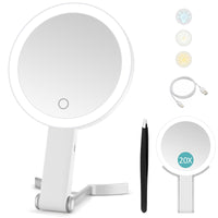 1 x RAW Customer Returns Cosmetic mirror with lighting, travel mirror with light, double-sided mirror with 20x 1x magnification, 3 color lights, dimmable touchscreen makeup mirror, foldable, handheld hanging table top - RRP €29.5