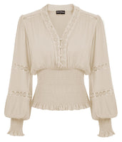 1 x RAW Customer Returns SCARLET DARKNESS Women s Renaissance Lace V-Neck Lantern Sleeve Blouse, Apricot, L - RRP €44.99