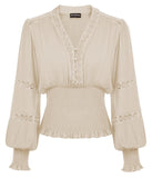 1 x RAW Customer Returns SCARLET DARKNESS Women s Renaissance Lace V-Neck Lantern Sleeve Blouse, Apricot, L - RRP €44.99