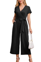 1 x RAW Customer Returns OUGES Jumpsuit Women Summer Elegant Overall Long Playsuit Short Sleeve Casual Trouser Suit with Pockets Black, S  - RRP €39.31