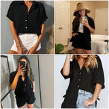 1 x RAW Customer Returns Hotouch Blouse Women Short Sleeve Shirt Solid Color V-Neck Shirt Blouse Elegant Tops Basic Tops with Buttons Casual Work Blouse for Women Black M - RRP €24.99