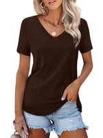 1 x RAW Customer Returns Beluring Women s Short Sleeve V-Neck T-Shirt Basic Elegant T-Shirts Cusual soft and comfortable Brown M - RRP €22.68