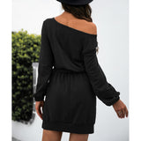 1 x RAW Customer Returns Women s Off Shoulder Sweater Dress Elegant Knee Length Bodycon Dress Women s Long Sleeve Sweater Dress Women s Pullover Dress with Belt L-Black  - RRP €25.1