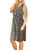 1 x Brand New AUSELILY Women s Summer Dress Sleeveless Mini Casual Pleated Knee Dress with Pocket S,Leopard  - RRP €26.63