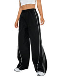 1 x RAW Customer Returns GORGLITTER women s wide leg trousers, elastic waistband, long trousers, loose leisure trousers with contrast piping, black L - RRP €34.27