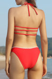 1 x Brand New SHEKINI Women s Two Piece Swimsuits Chic Low Collar Halter Adjustable Bikini Top Women s 2 Piece Bikini with Elegant Triangle Bikini Bottom XL,Red K  - RRP €32.99