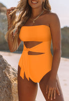 1 x RAW Customer Returns Viottiset Women s Bandeau Swimsuit Tummy Control Strapless Monokini One Piece High Cut Waist Tie Swimwear Light Orange M - RRP €34.27